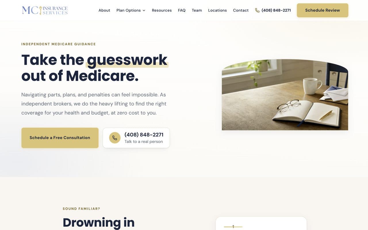 The MC Insurance Services homepage, cream and navy hero reading Take the guesswork out of Medicare.